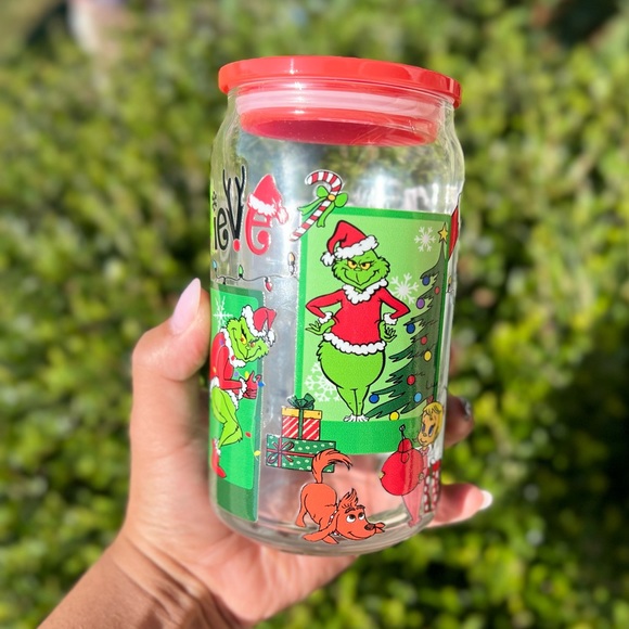 Believe Grinch 16oz Authentic Libby Glass Can with Bamboo Lid and Straw - Picture 5 of 6